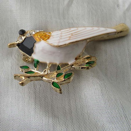 Brosche Vogel emaile schwarz mit Strass vergoldet