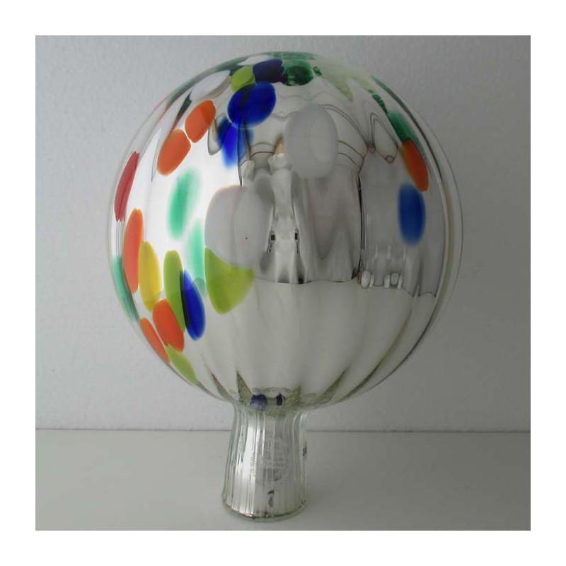 Glas Rosenkugel 18 cm Silber mit optischen Streifen und Farb-Punkte ca. 180 mm