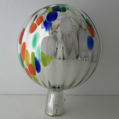 Glas Rosenkugel 18 cm Silber mit optischen Streifen und Farb-Punkte ca. 180 mm