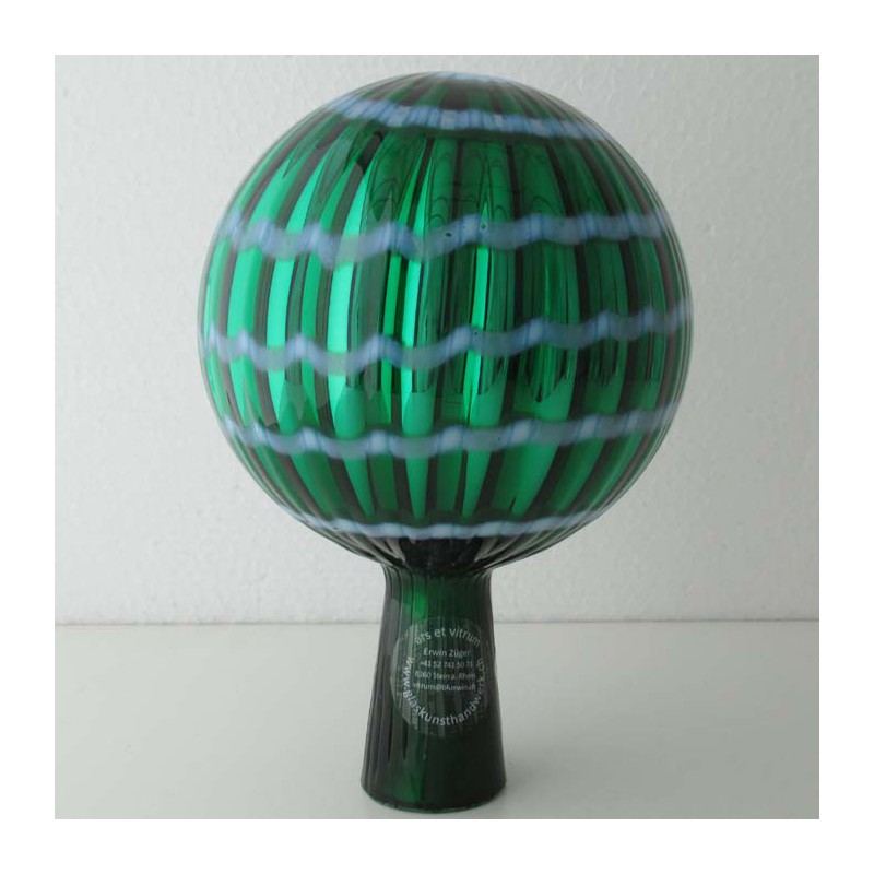 Glas Rosenkugel 12cm Grün mit Farbspirale Weiss
