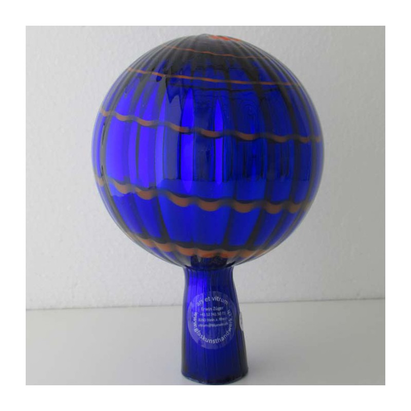 Glas Rosenkugel 12cm Blau mit Farbspirale Rot
