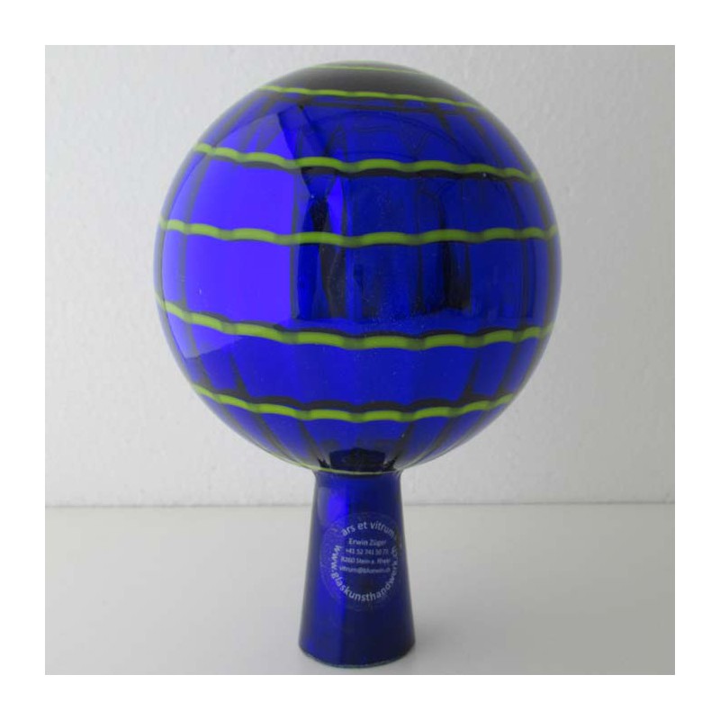 Glas Rosenkugel 12cm Blau mit Farbspirale Gelb