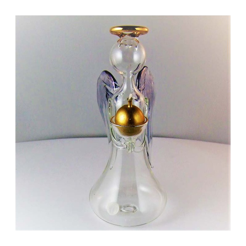 Glas Engel 17.5cm Klar Blaue Flügel Goldrand mit Kerze