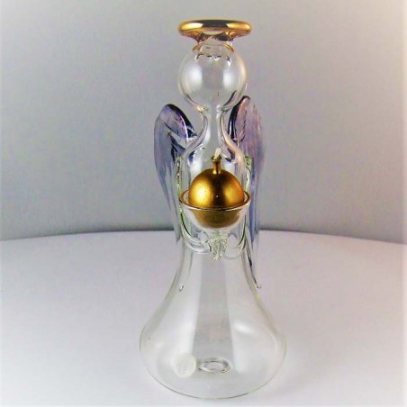 Glas Engel 17.5cm Klar Blaue Flügel Goldrand mit Kerze