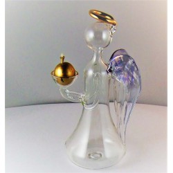 Glas Engel 17.5cm Klar Blaue Flügel Goldrand mit Kerze