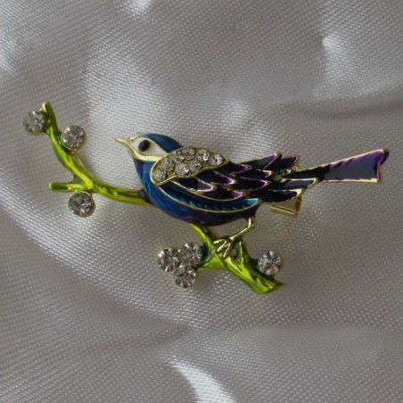 Brosche-Anhänger Vogel Lilla emaile Strass vergoldet