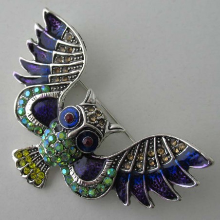 Eule Fliegende Metall Emaille Strass versilbert Brosche und Anhänger