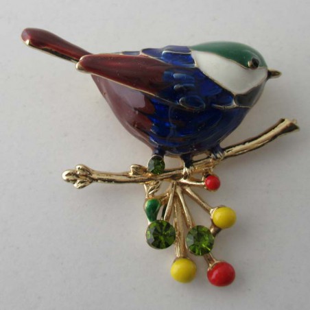 Brosche Vogel emaile blau Strass vergoldet