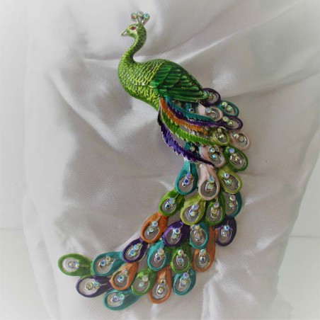 Pfau Brosche grün  Emaille mit Kristallen