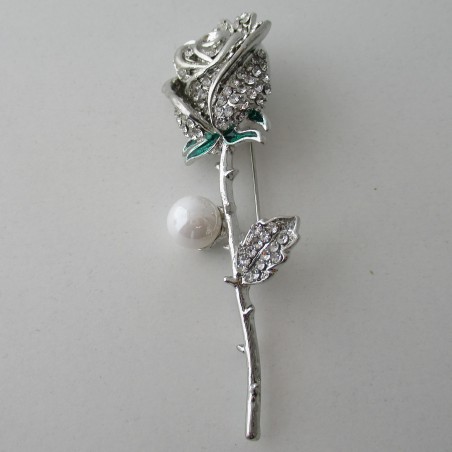 Rose mit Strass und Perle Metall versilbert Emaile