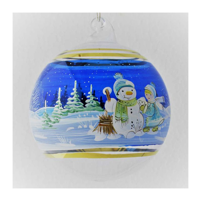 Glaskugel 080 mm Blau Winterlandschaft mit Goldrand zum hängen