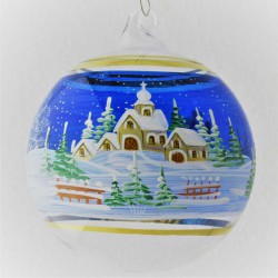 Glaskugel 080 mm Blau Winterlandschaft mit Goldrand zum hängen