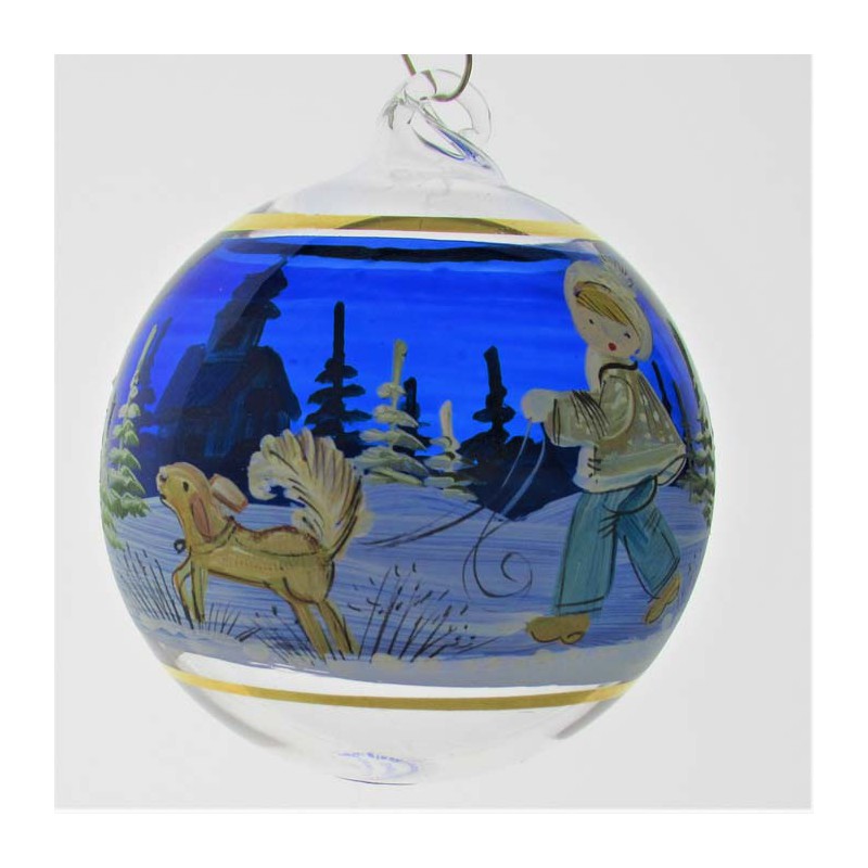Glaskugel 060 mm Blau Winterlandschaft mit Goldrand zum hängen
