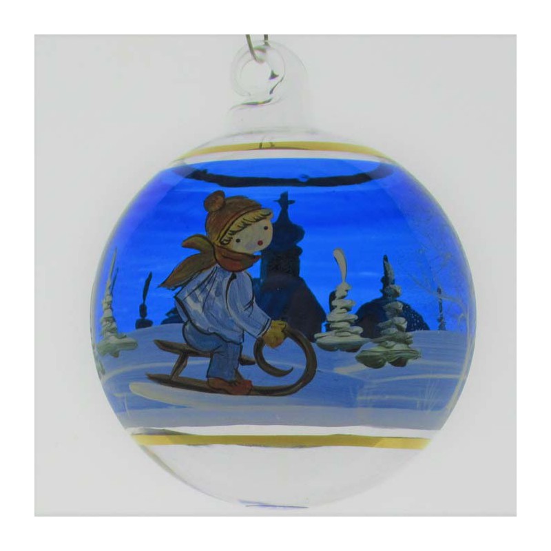 Glaskugel 060 mm Blau Winterlandschaft mit Goldrand zum hängen