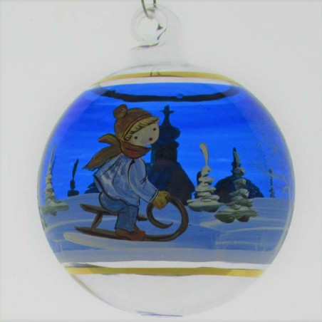 Glaskugel 060 mm Blau Winterlandschaft mit Goldrand zum hängen
