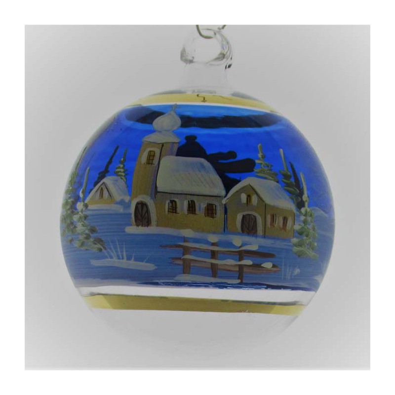 Glaskugel 060 mm Blau Winterlandschaft mit Goldrand zum hängen