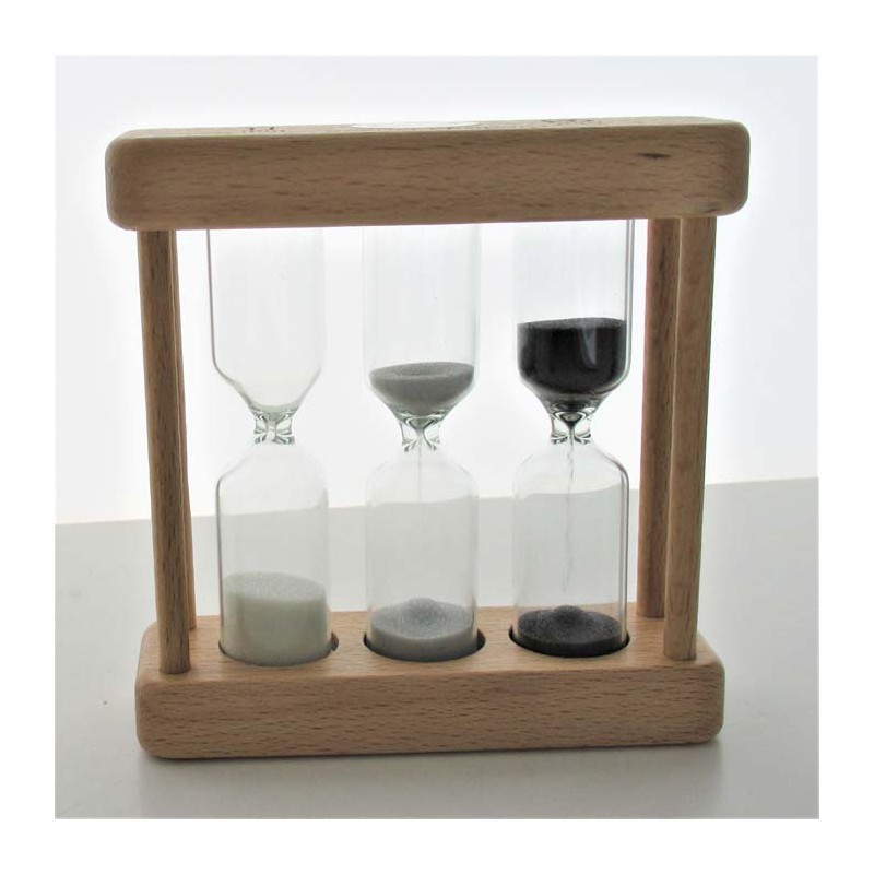 Sanduhr 1- 3 - 5 min. 9 cm Grau, zylindrisch Sanduhr im Buchenholz Gestell Sanduhr 1- 3 - 5 min. 9 cm Grau, zylindrisch Sanduhr im Buchenholz Gestell