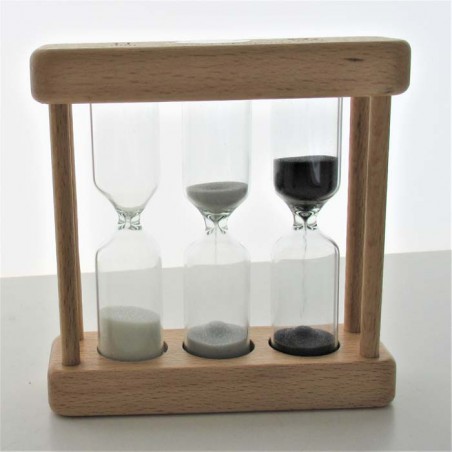 Sanduhr 1- 3 - 5 min. 9 cm Grau, zylindrisch Sanduhr im Buchenholz Gestell