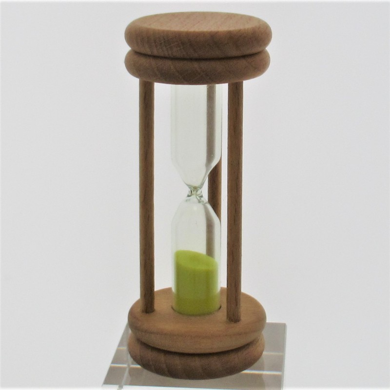 Sanduhr 3 Min. 96mm Gelb, zylindrisch Glas in Holzgestell Buche natur