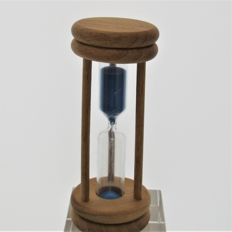 Sanduhr 3 Min. 96mm Hellblau, zylindrisch Glas in Holzgestell Buche natur
