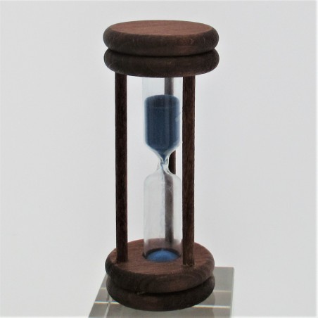 Sanduhr 3 Min. 96mm Hellblau, zylindrisch Glas in Holzgestell Buche gebeizt Mahagoni
