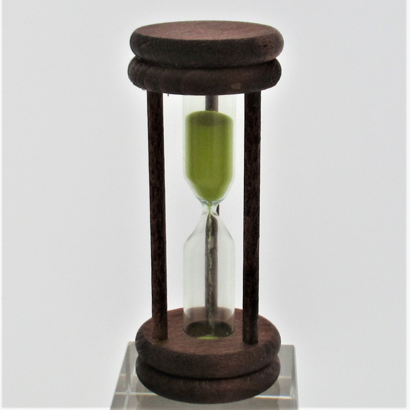Sanduhr 3 Min. 96mm Gelb, zylindrisch Glas in Holzgestell Buche gebeizt Mahagoni