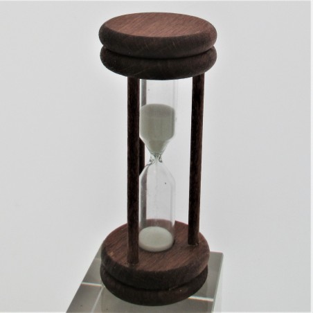 Sanduhr 10 Min. 96mm Weis, zylindrisch Glas in Holzgestell Buche gebeizt Mahagoni