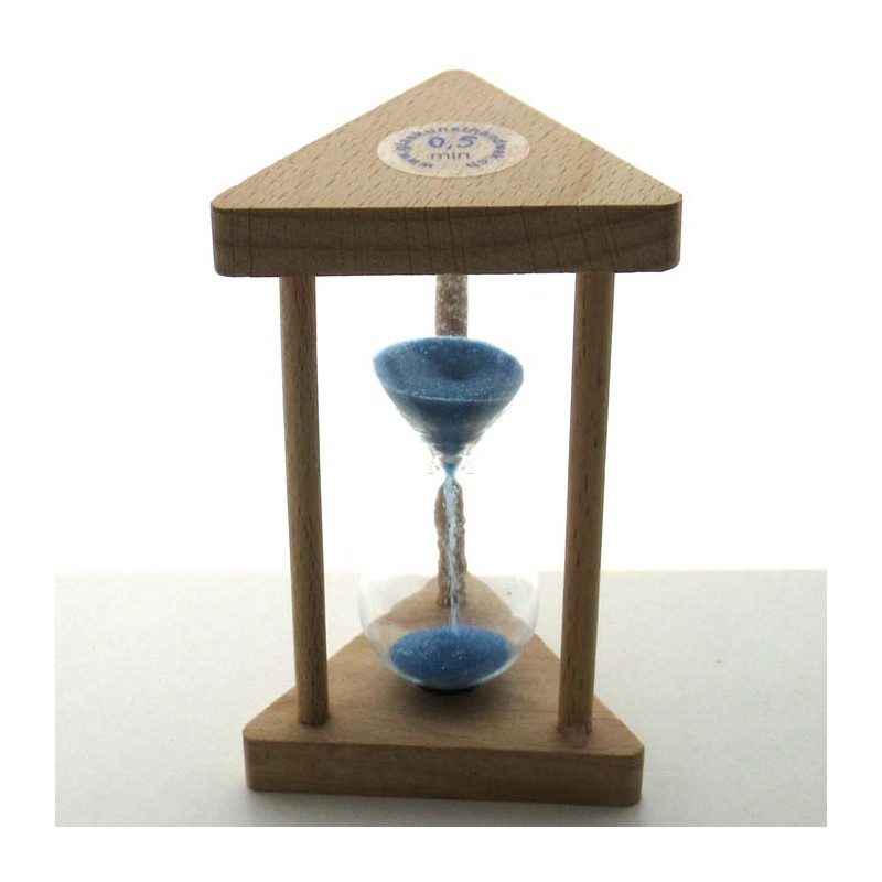 Sanduhr 30 sek 3 - 10 min. 9 cm Hellblau, Dreieck im Buchenholz Gestell Sanduhr 30 sek 3 - 10 min. 9 cm Hellblau, Dreieck im Buchenholz Gestell