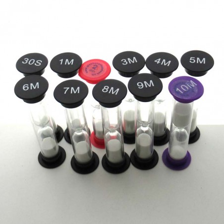 Sanduhren 0.15-10 Min. 9 cm Set 11 Stück zylindrisch Glas in Kunststoff röhre