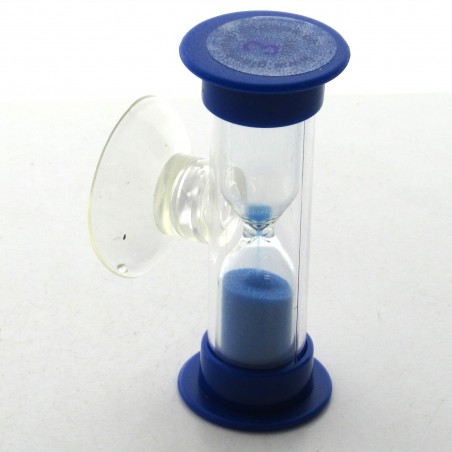 Mini Sanduhr 2 min 6 cm Blau, Glas in Kunststoff blau mit Saugnapf zum drehen