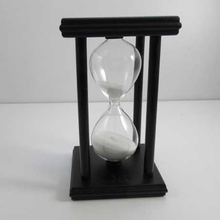 Sanduhr 15 Min. 14 cm Weiss, Holzgestell  schwarz viereckig mit 4 Saeulen