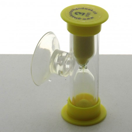 Mini Sanduhr 3 min 6 cm Gelb, Glas in Kunststoff mit Saugnapf zum drehen