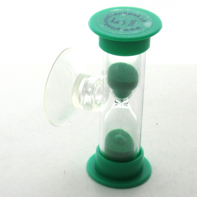 Mini Sanduhr 5 min 6 cm Grün, Glas in Kunststoff mit Saugnapf  zum drehen Mini Sanduhr 5 min 6 cm Grün, Glas in Kunststoff mit Saugnapf  zum drehen