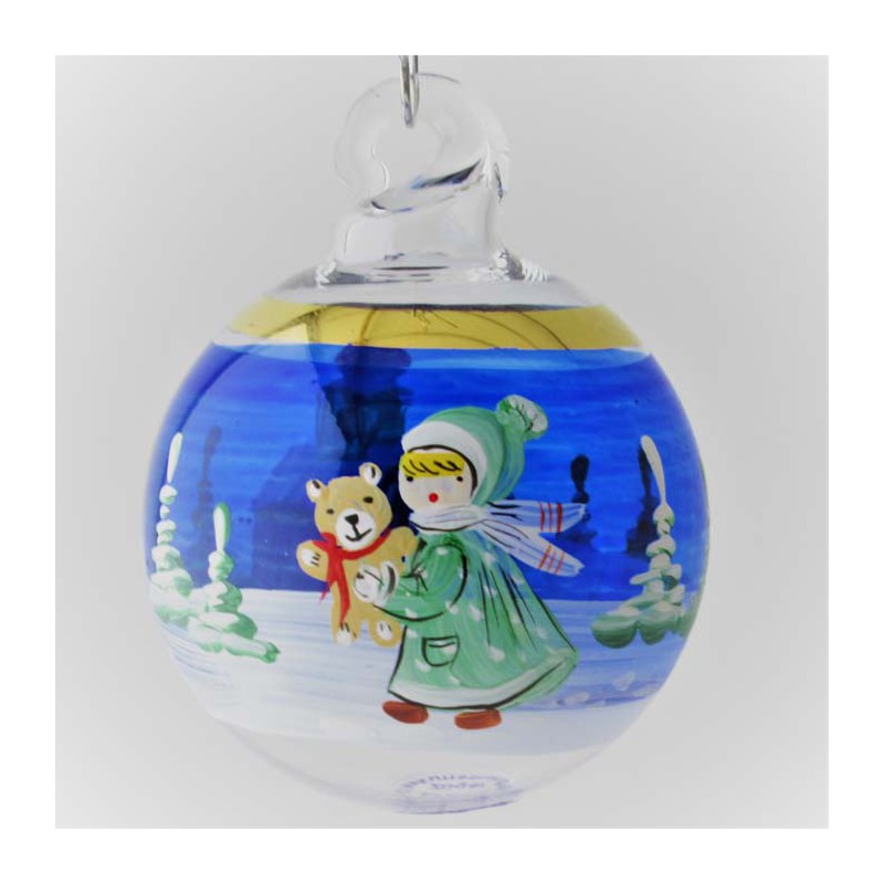 Glaskugel 040 mm Blau Winterlandschaft mit Goldrand zum hängen