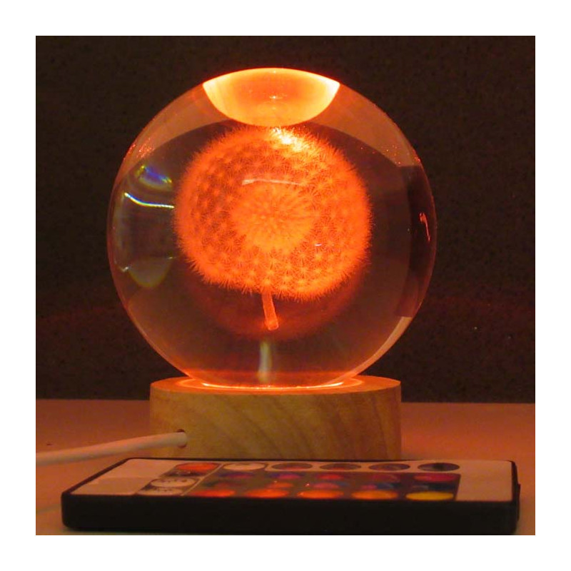 Glaskugel 60 mm mit Pusteblume in Kugel, LED Sockel Holz Glaskugel 60 mm mit Pusteblume in Kugel, LED Sockel Holz