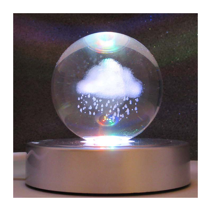 Glaskugel 80 mm mit Regenwolke LED Sockel Holz
