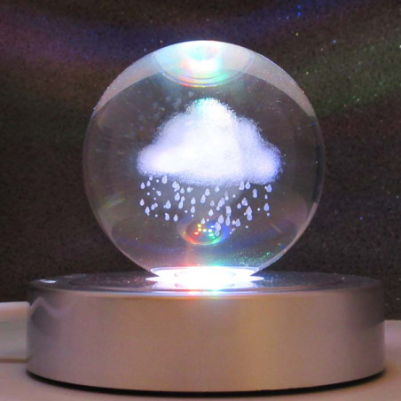Glaskugel 80 mm mit Regenwolke LED Sockel Holz