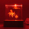 Glaswürfel 50mm mit Tintenfisch LED RGB Sockel Holz