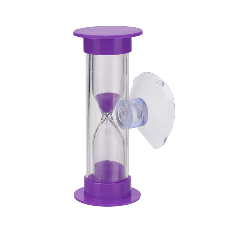 Mini Sanduhr 2 min 6 cm Lilla, Glas in Kunststoff mit Saugnapf zum drehen