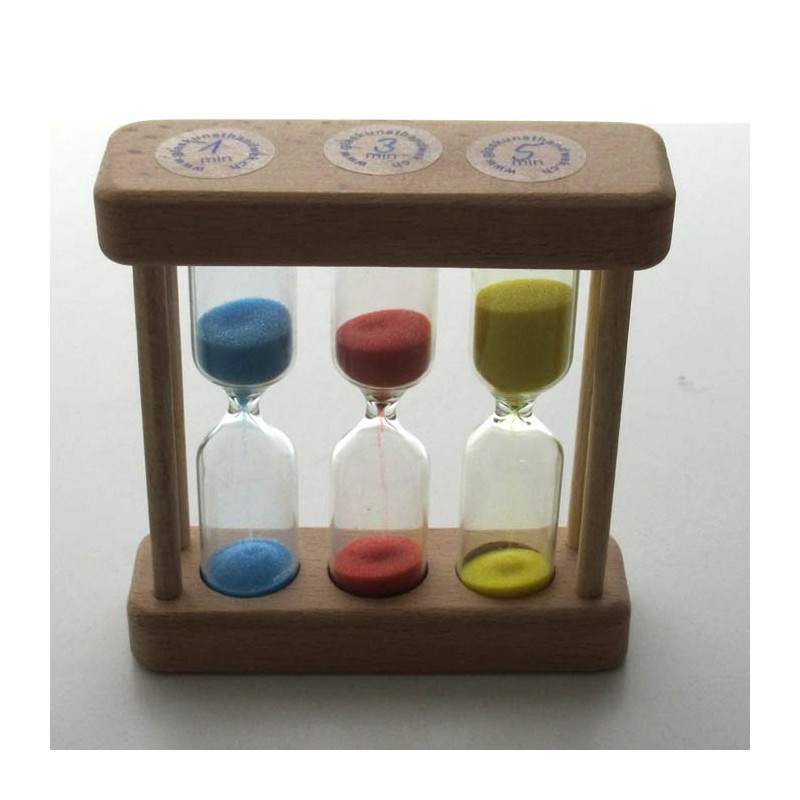 Sanduhr 1- 3 - 5 min. 9 cm Bunt, zylindrisch Sanduhr im Buchenholz Gestell Sanduhr 1- 3 - 5 min. 9 cm Bunt, zylindrisch Sanduhr im Buchenholz Gestell