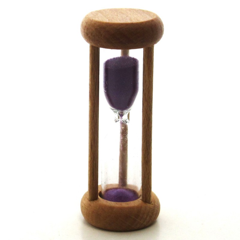 mini Sanduhr 2 Min. 6.4cm zylindrisch Glas in Holzgestell Buche rötlich gebeizt