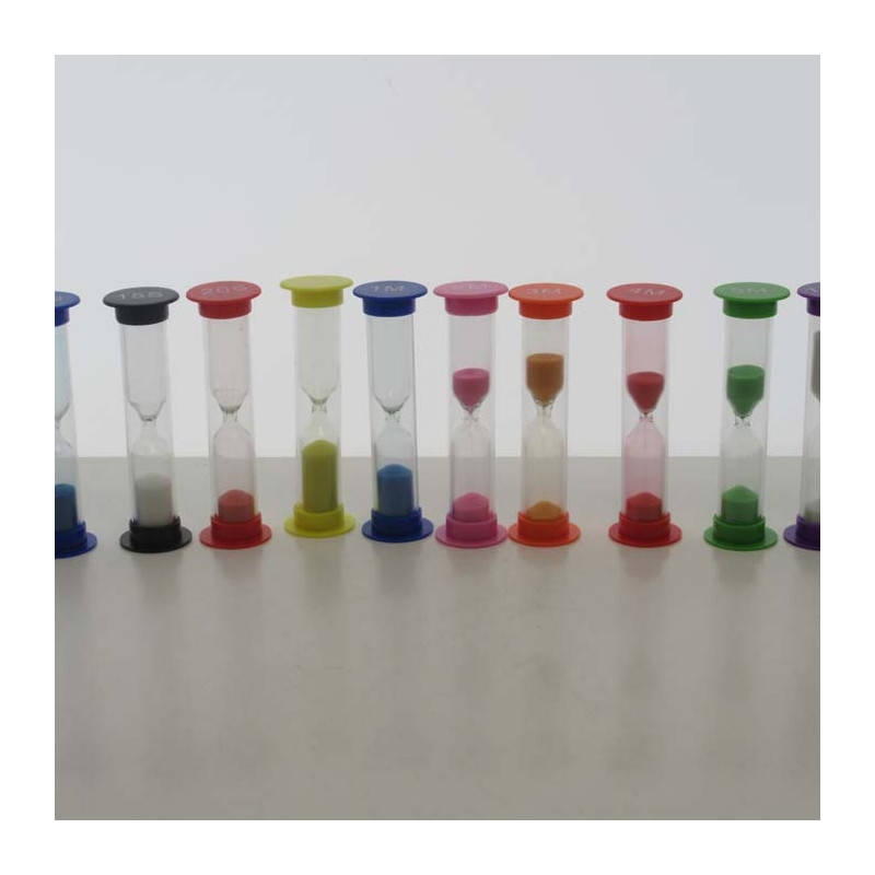 Sanduhren  0.1-10 Min. 9 cm Set 8 Stück zylindrisch Glas in Kunststoff röhre Sanduhren  0.1-10 Min. 9 cm Set 8 Stück zylindrisch Glas in Kunststoff röhre