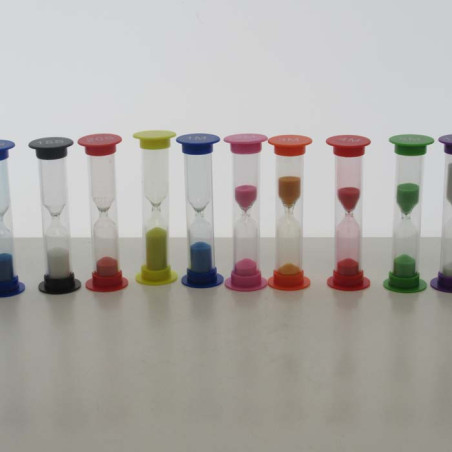 Sanduhren  0.1-10 Min. 9 cm Set 8 Stück zylindrisch Glas in Kunststoff röhre