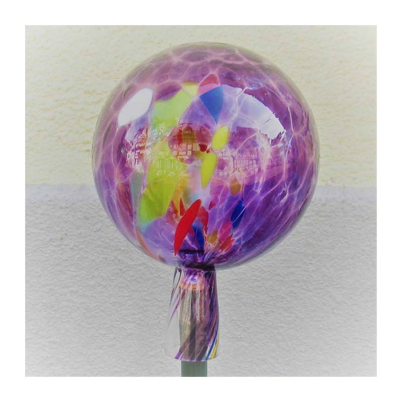 Glas-Gartenkugel 15cm Lila transparent mit bunten Glas-punkten