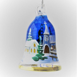 Glasglocke 040 mm Blau Schaukelpferd Weihnacht mit Goldrand zum hängen