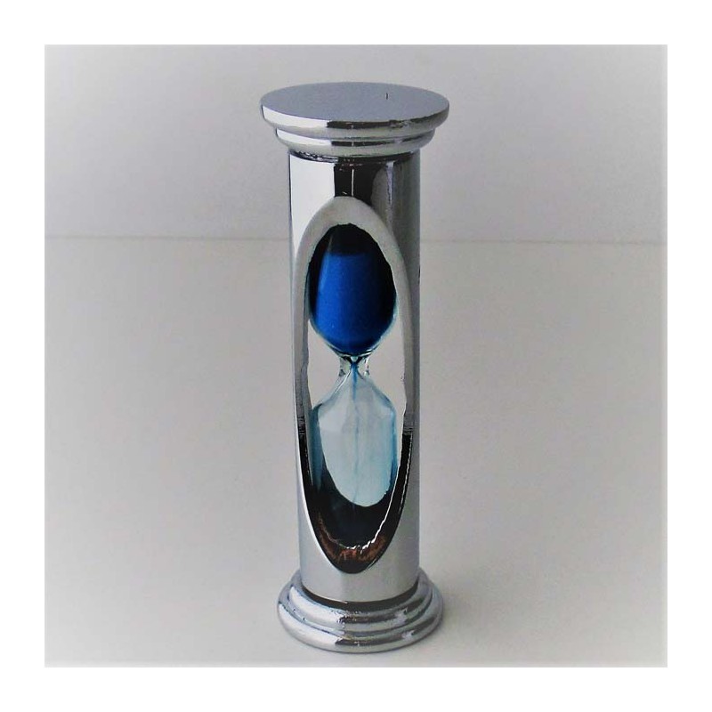 Sanduhr 3 min. 8.5 cm Blau, zylindrisch im Metallgestell versilbert
