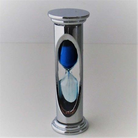 Sanduhr 3 min. 8.5 cm Blau, zylindrisch im Metallgestell versilbert