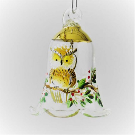 Glasglocke 040 mm braune Eule Glocke mit Goldrand zum hängen