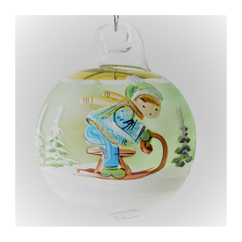 Glaskugel 040 mm Hellgrün Winterlandschaft mit Goldrand zum hängen