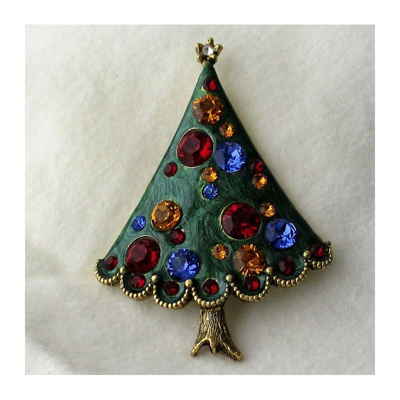 Tannenbaumbrosche 6.7cm grün-gold mit  Swarovski Steinen